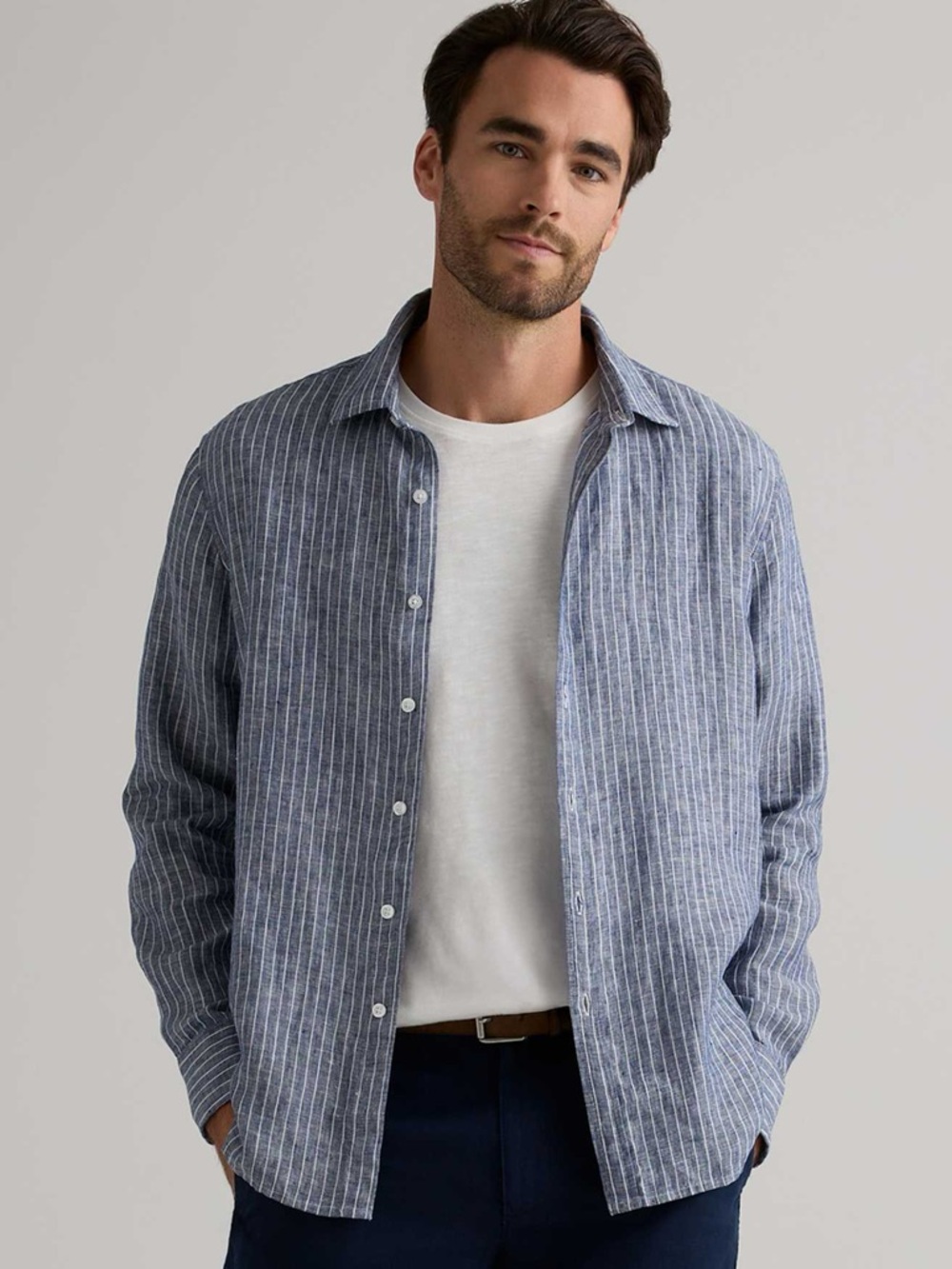 Quince • Linen Striped Blue Button-Up Linen Chambray Shirt